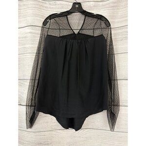BCBG Sheer Button-Front Blouse With Polka Dot Sheer Netted Sleeves Size M